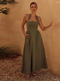 Yipinpay Halter Spaghetti Strap Dress Women Solid Backless Zip Midi Dresses 2024 Spring Summer Female Casual Streetwear Vestido