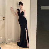 Yipinpay Elegant Dresses Women Sexy Diagonal Collar Irregular Off Shoulder Ruffles Backless Slim Split Mermaid Dress Party Ladies