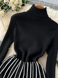 Yipinpay Turtleneck Striped Pleated Knitted Dress Long Sleeve Thick Elastic Warm Dress Women Winter Vinage Chic Sweater Dress