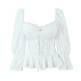 Yipinpay Y2K Women High Quality Lace Trim White Blouse Front Lacing Up Puff Sleeve Sexy Elegant Sweet Crop Top