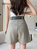 yipinpay Casual Suit Shorts Women With Double Belt Loose Wide Leg Short Pants Female OL Pockets Street High Waist Shorts Ladies