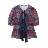 Yipinpay Flower Printing Long Pant Set Women Elegant O Neck Lace Up Short Sleeve Shirts Wide Leg Trousers Chic Lady 2 Pieces Sets