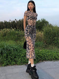 yipinpay Short Sleeve Daisies Print Mesh See-Through Sexy Maxi Dress Summer Women Fashion Streetwear Outfit Sundress