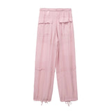 Yipinpay Pink Cargo Pants Women Semi Sheer Baggy Pants Woman Fashion Summer High Waist Parachute Pants Streetwear Women's Trousers