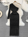 yipinpay Autumn Winter Gold Velvet Long Maxi Dresses for Women Diamonds Luxury Elegant Sexy Off Shoulder Black Slim Party Dress