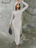 Yipinpay Simenual Solid Casual Hooded Long Sleeve Maxi Dress Fashion Elegant Women Hem Split Bodycon Dresses Y2K Basic Trim Streetwear