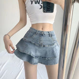 Yipinpay Sexy Ruffle Mini Skirt Denim Women Summer Vintage Cute High Waist Patchwork A-line Short Jeans Skirt Gyaru Streetwear