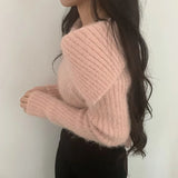 Yipinpay Elegant Sexy Mink Cashmere Off Shoulder Pink Sweaters for Women Sueter Mujer Fleece Crop Tops Slim Mohair Korean Fashion