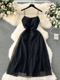 Yipinpay Fashion Temperament Long Dress Spaghetti Strap Sleeveless Design Female Solid Senior Embroidery Mesh Party Dress