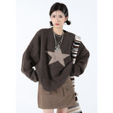 yipinpay Women Black Sweater Round Neck Star Pattern Fashion Retro Lazy Wind Thickening Winter New Long Sleeves Knitting Pullover Tops