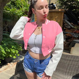 Yipinpay Women Slim-Fit Baseball Uniform Winter Girls Long Sleeve Button Cropped Jacket Splicing Color Fashionsports Style