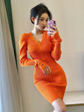 Yipinpay Women Dresses 2023 Lady Fashion Sexy V Long Sleeve Single-breasted Women Knitted Dress Bodycon Knee Wild Vestido Mujer Robe