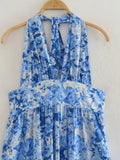 Yipinpay Print Halter Long Dress Women Blue Floral Backless Dress Woman Off Shoulder Sexy Summer Dresses Midi Holiday Party Dresses