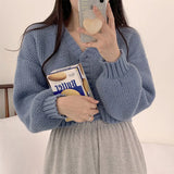 Yipinpay Knitted Cardigan Sweet Korean V Neck Lantern Sleeve Sweaters for Women Fall Wild Simple Cropped Pink Cardigan Coat