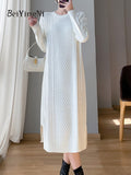 yipinpay White Oversized Sweater Midi Dresses for Women Plain Retro Twisted Thicken Stylish Knitted Dress Women Split Warm Robe