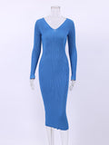 Yipinpay Spring Sexy Sweater Dress Casual 2023 V-Neck Elegant Knitted Women Dress Long Sleeve Bodycon Midi Dress Office Lady