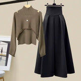 Yipinpay Spring Autumn New Korean Elegant Knit Tassel Cover Up+Half High Collar Bottom Sweater+Midi Skirt 3 Piece Women Dress Suit