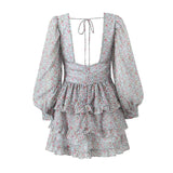 Yipinpay Spring 2024 Women Sexy Backless Floral Print Dress Puff Sleeve V Neck Layered Ruffle Cake Mini Dresses Holiday Party Robe