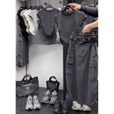 Yipinpay Women Skirts Suit American Retro Slim Sleeveless T-shirt Top High Waist Cargo Long Skirt Two Piece Set Women Outfits