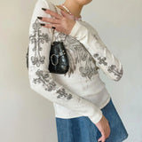 Yipinpay Women Vintage Y2K Grunge T-shirt Long Sleeve O Neck Gothic Cross Angel Wings Printed Retro Rhinestone Slim Fit Tops