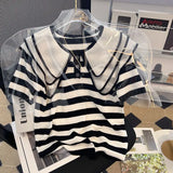Yipinpay Vintage Doll Short Sleeve Black White Striped Tshirt Women Cotton Tee Graphic T Shirts Casual Blouse Crop Tops Shirts Knit