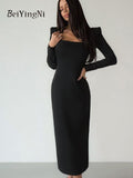 yipinpay Spring Fall Sexy Low Cut Long Dresses for Women Slim Square Collar French Black Elegant Bodycon Dress Ladies Vestidos