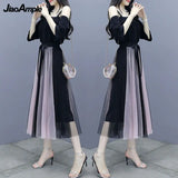 Yipinpay Women's Dress Suit 2024 Summer New Fashion Off-the-shoulder Mesh Midi Skirt Two Piece Korean Elegant Clothing Bow Dresses Set