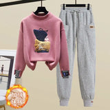 Yipinpay Women's Fashion Plush Sweater Tracksuits 2 Piece Set 2024 Winter Warm Loose Fake Two-piece Pullover Top + Pants Sportswear Suit