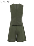 Yipinpay Street Style Green Shorts Suits Cotton Linen Two Pieces Vest Top Shorts Casual Sets 2023 Office Ladies Shorts Outfit