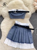 Yipinpay Fashion American Retro Y2K Sexy Denim Suits Women Strapless Mini Top+ Pleated Mini Skirt Vintage Beach Two Pieces Set