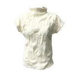 Yipinpay Solid Color Retro High Collar Small Flying Sleeve T-shirt Women Top Summer Pleated Short Sleeve Slim Versatile Short Top