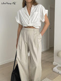Yipinpay Beige Pleated High Waist Pants Pockets Office Ladies Wide Legs Pants Womens Casual Loose Work Trousers Summer 2023