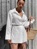 Yipinpay White Cotton Linen Shirts Women Wrap Lace-Up Lapel Casual Elegant Blouses Office Ladies Sunwear 2023 Long Sleeve Top