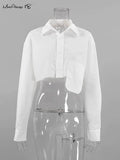 Yipinpay Streetwear Sexy Crop Top Women Autumn 2023 Irregular Pockets Lapel Cropped Shirts Long Sleeve All-Match Casual Tops