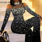 Yipinpay Women Elegant Contrast Mesh Patchwork All Over Print Off Shouler Straight Leg Jumpsuit