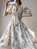 Yipinpay Lady Elegant Floral Midi Dress Formal One Piece Dress Korean Party Beach Long Sleeve Casual Dress Woman 2023 Summer Chic