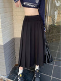 Yipinpay Korean Vintage Pleated Skirt Long Women Autumn Low Rise Preppy Style Casual A-Line Midi Skirt for Girls 90s Streetwear