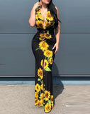 Yipinpay Dresses Women Plunge Sunflower Print High Slit Party Skinny Dress Sexy Party Evening Dress Fashion 2023 Summer Casual