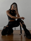 yipinpay Flare Pants Lace Up Trousers Women Hollow Out High Waist Pant Women Chic Wide Leg Pant Solid Strechy Streetwear Black Pants