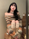 Yipinpay Clothes Sweet Spicy Off Shoulder Colorful Striped Sweater Women's Spring Retro Rainbow Slim Fit Knitted Top Sueters Mujer