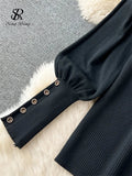 Yipinpay Ladies Retro Sweater Suits Fashion Lantern Sleeve Loose Pullovers+ A Line Long Skirts Print Knitted Two Pieces Sets