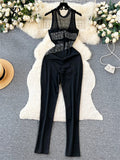 Yipinpay 2024 Women Beading Mesh Long Rompers Fashion Sleeveless Diamond Backless Slim Bodycon Sheer Sexy Jumpsuits
