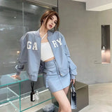 Yipinpay Fashion Two Piece Set Women Letter Print Solid Zipper Loose Coat Pockets High Waist Mini Skirt Spring Autumn Elegant Sets
