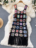 Yipinpay 2024 Sunmmer Knitted Dress Hook Flower Hollow Out Tassel Women Slim Streetwear Original Design Fashion Vintage Dress