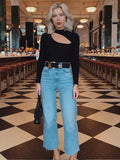 yipinpay Sleeve Bodysuit Hollow Out Top Women Turtleneck T Shirt Autumn Winter Skinny Solid Rompers Streetwear Black Bodysuit