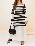 Yipinpay Casual Summer Knit Beach Long Dress Women Stripe Long Sleeve Square Neck Hollow Out A-Line Maxi Dress Vacation Clothes