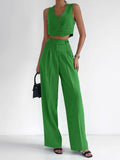 Yipinpay Elegant 2 Pieces Sets Blazer Suits V-Neck Sleeveless Button Vest Outfit Summer High Waist Wide Trousers Suits Office