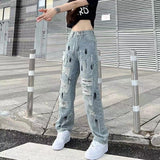Yipinpay Streetwear Hip Hop Hole Baggy Jeans Denim Pants Woman Man Straight Wide Leg Pants Patchwork Boyfriend Y2k Punk Kpop