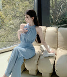 Yipinpay Lady Elegant Hanging Neck Off Shoulder Round Neck Jumpsuit Women's Sleeveless High Waist Slim Fit Wide Leg Jumpsuit Pants