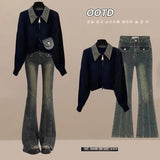 Yipinpay Women's Autumn Winter New Polo Neck Knitted Sweater Slim Jeans Two Piece Korean Elegant Zipper Cardigan Denim Pants Matching Set